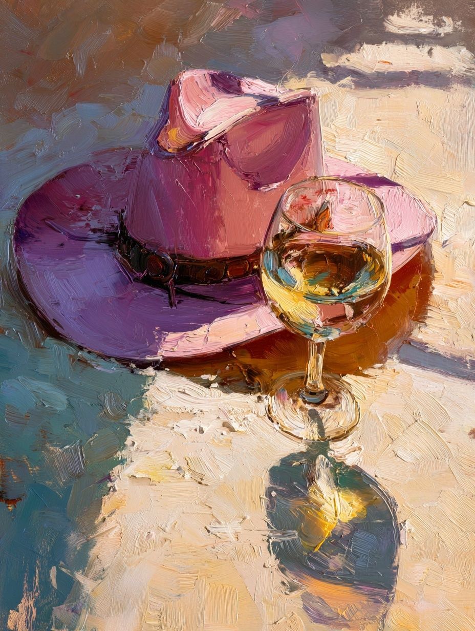 Pink Hat and Wine Still Life Print. poster detail