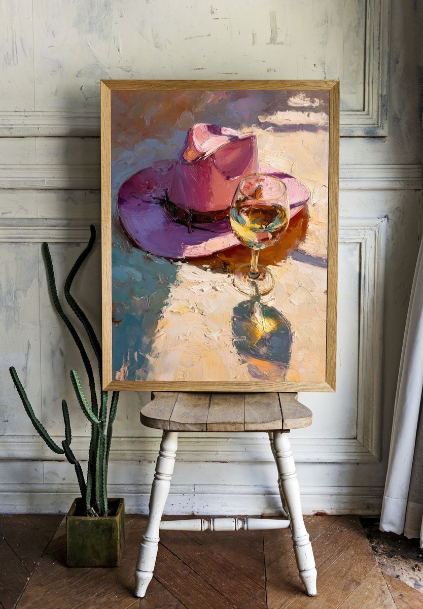 Pink Hat and Wine Still Life Print. — room view 1