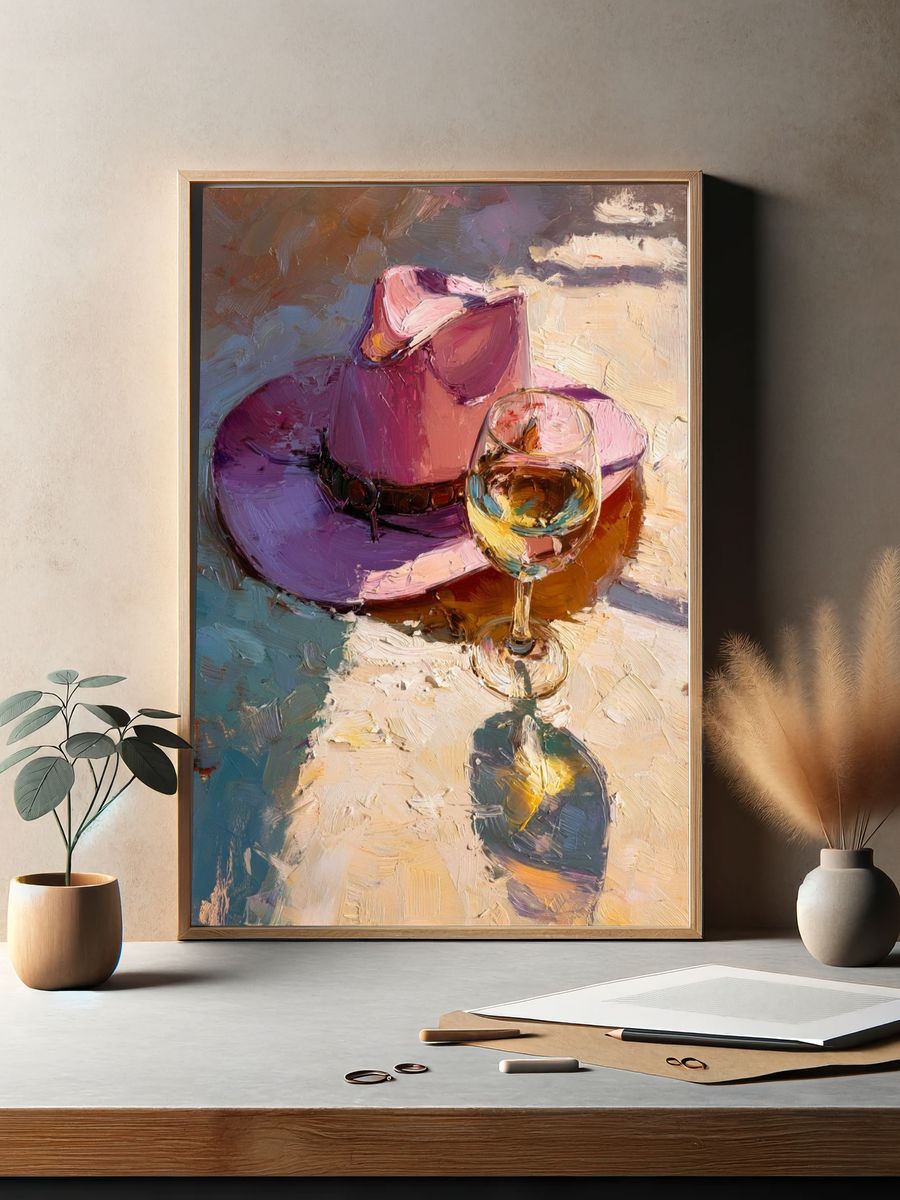 Pink Hat and Wine Still Life Print. — room view 2