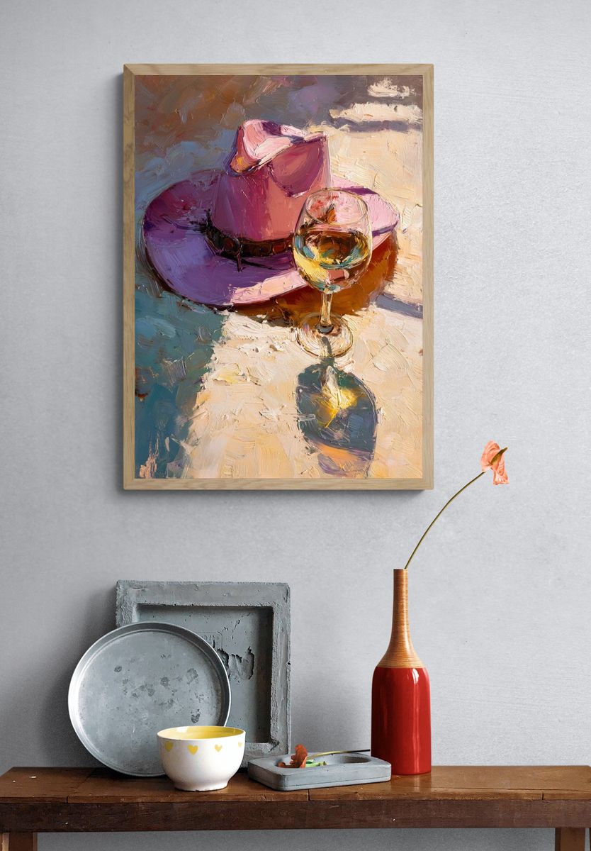 Pink Hat and Wine Still Life Print. — room view 3
