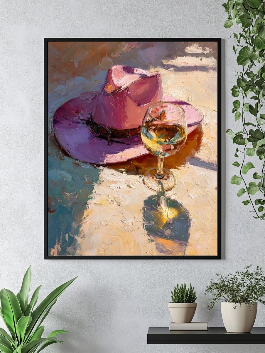 Pink Hat and Wine Still Life Print. — room view 4
