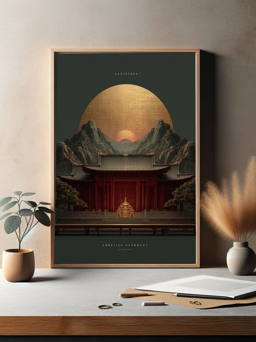 Serene Temple at Sunset — Fine Art Print. — room view 2