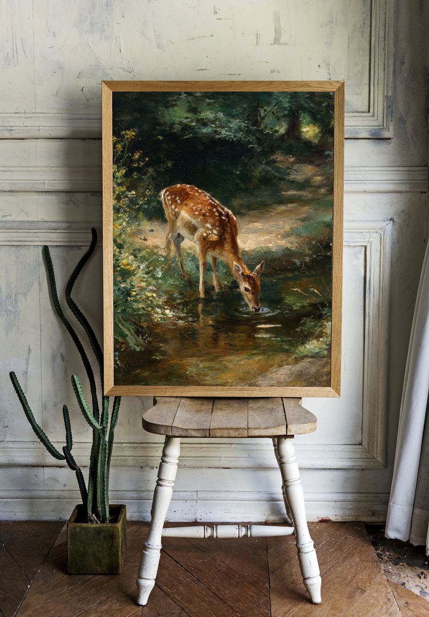 Deer in Woodland Stream Painting Poster. — room view 1