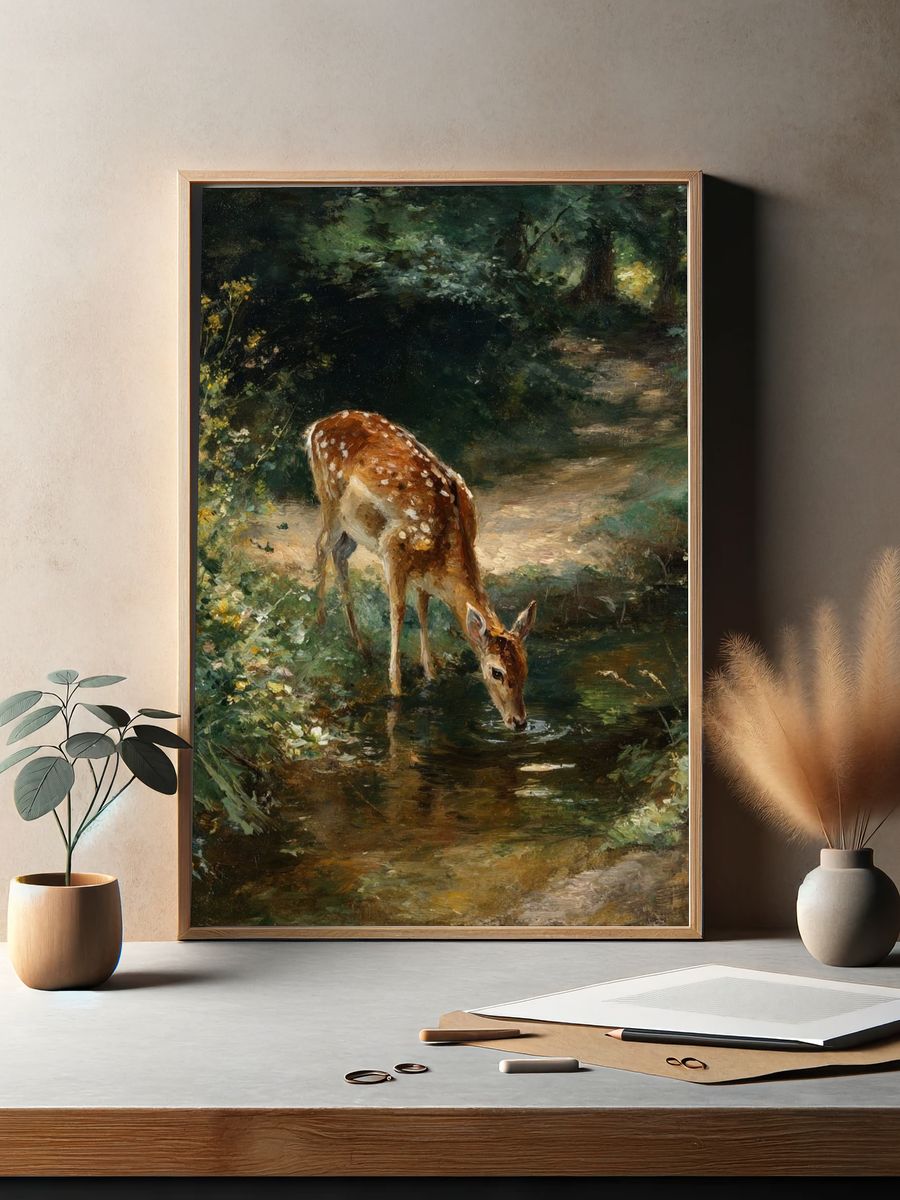 Deer in Woodland Stream Painting Poster. — room view 2