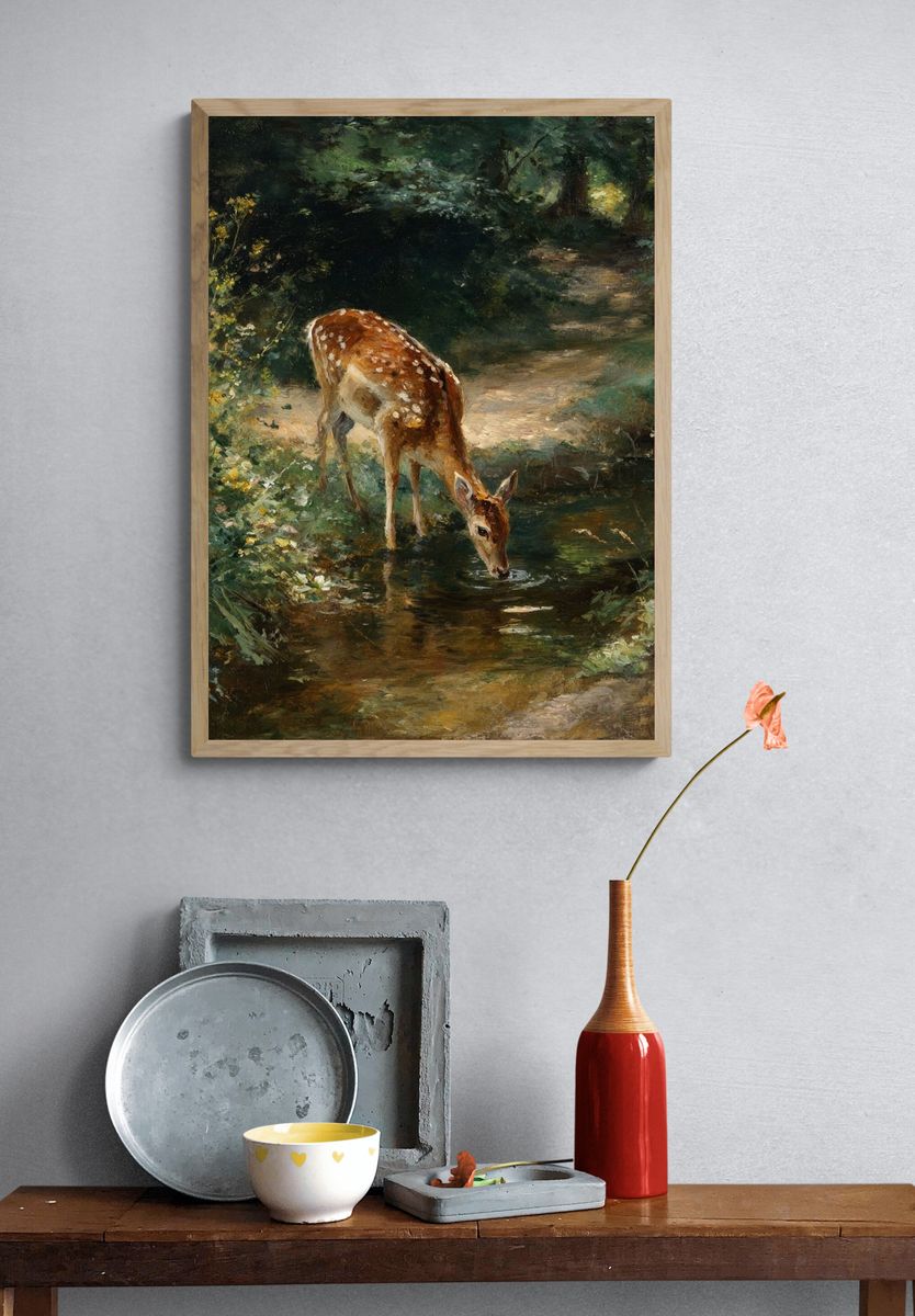 Deer in Woodland Stream Painting Poster. — room view 3