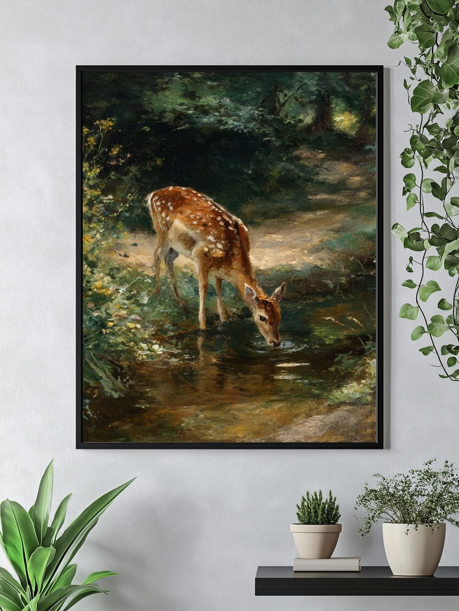 Deer in Woodland Stream Painting Poster. — room view 4