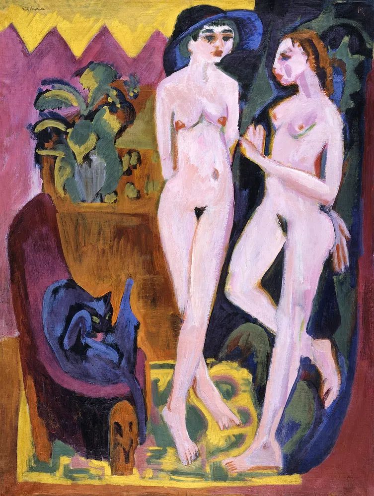 Two Women with Cat — Fine Art Print. poster — fine-art art