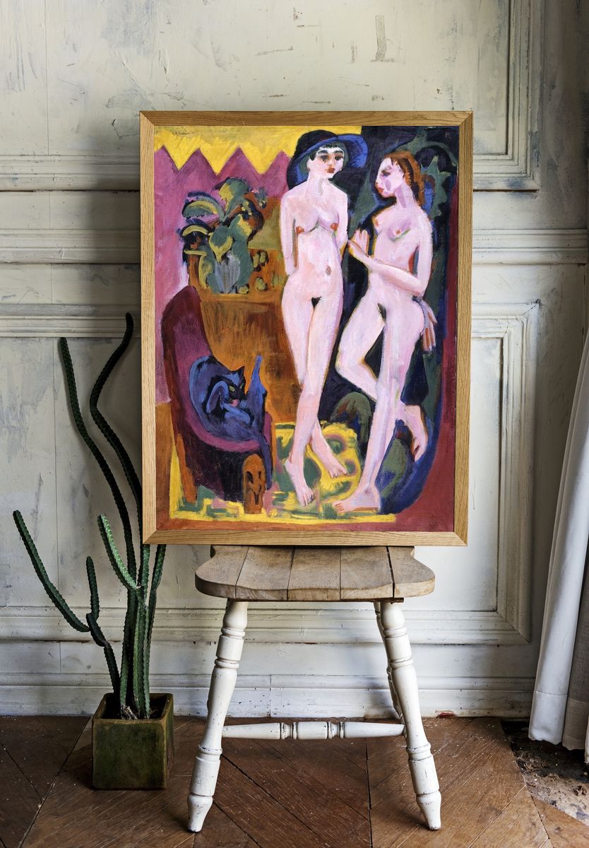 Two Women with Cat — Fine Art Print. — room view 1