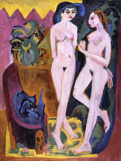 Two Women with Cat — Fine Art Print. poster