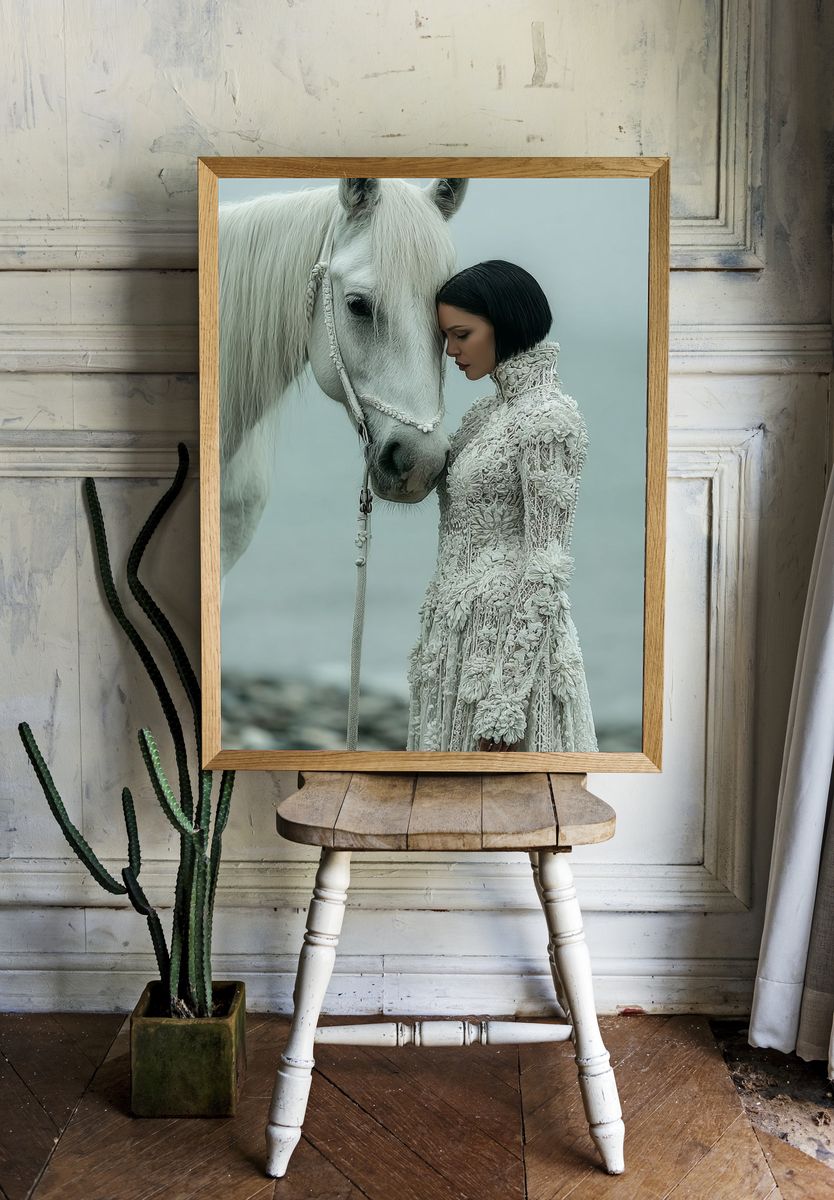 White Horse and Woman — Fine Art Print. — room view 1