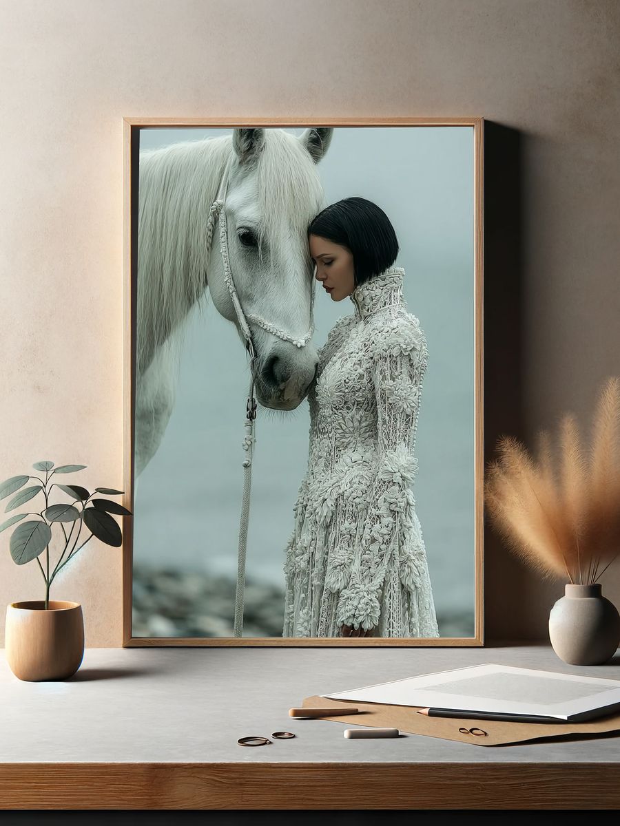 White Horse and Woman — Fine Art Print. — room view 2