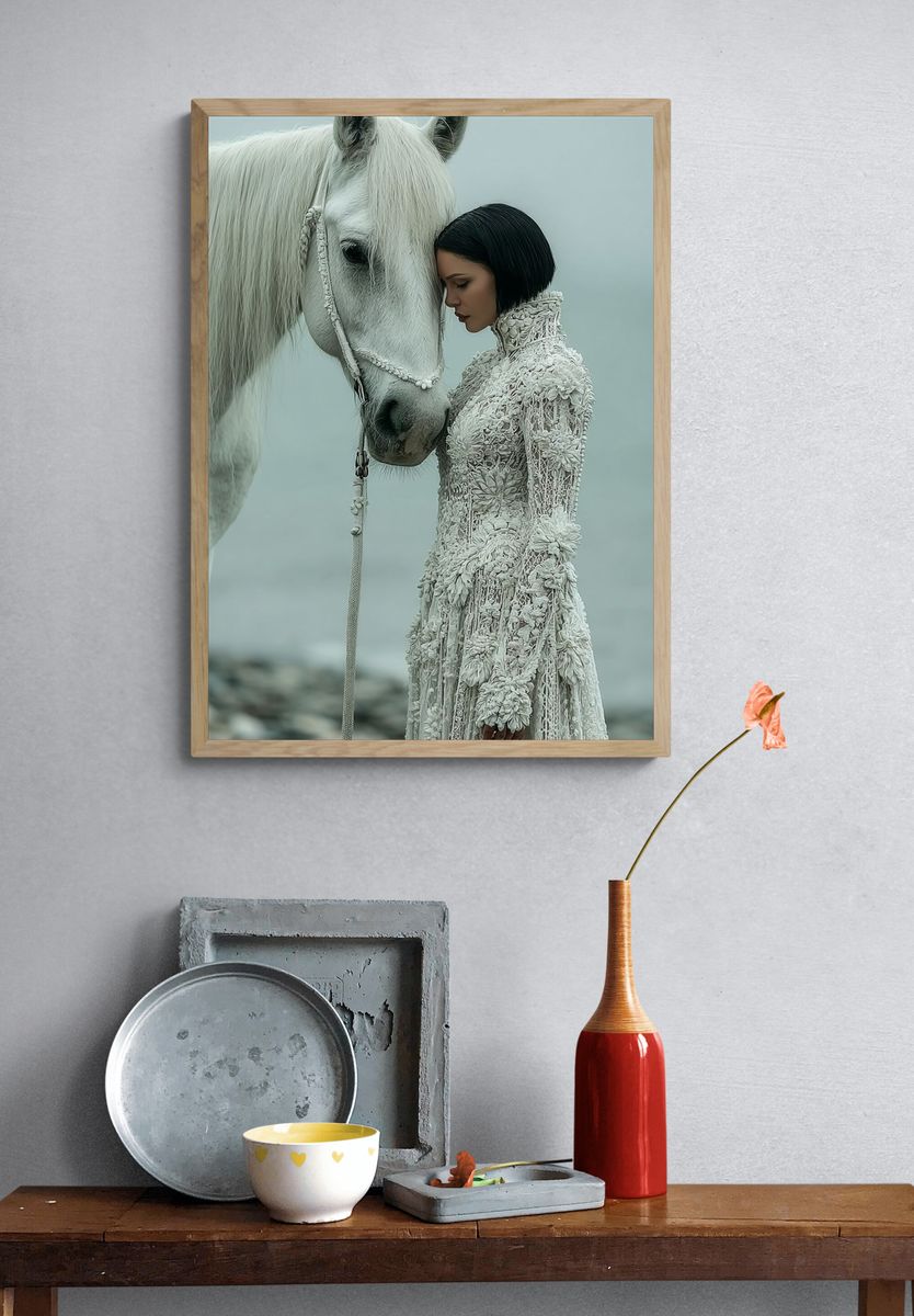 White Horse and Woman — Fine Art Print. — room view 3
