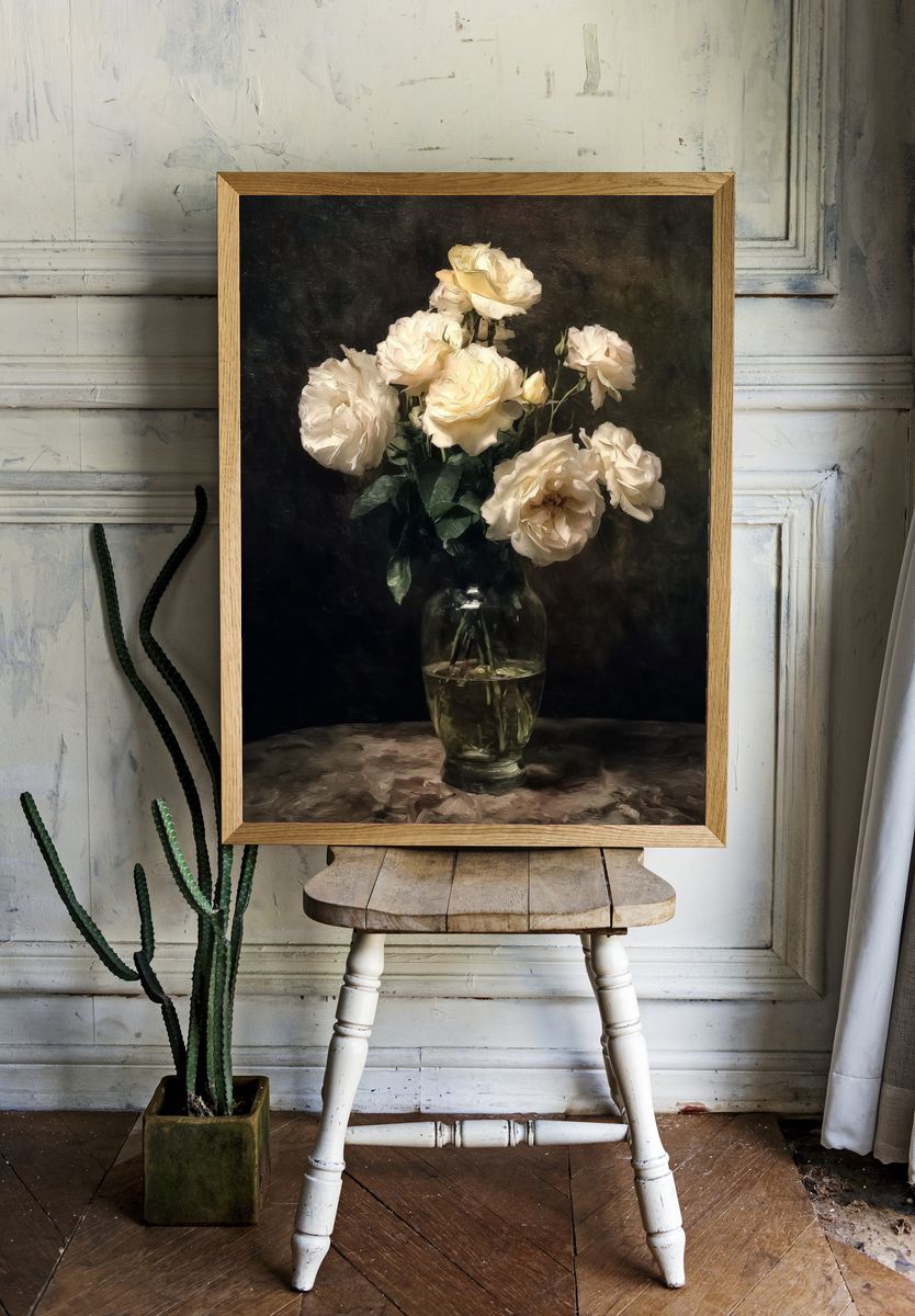 Cream Roses Still Life Poster. — room view 1