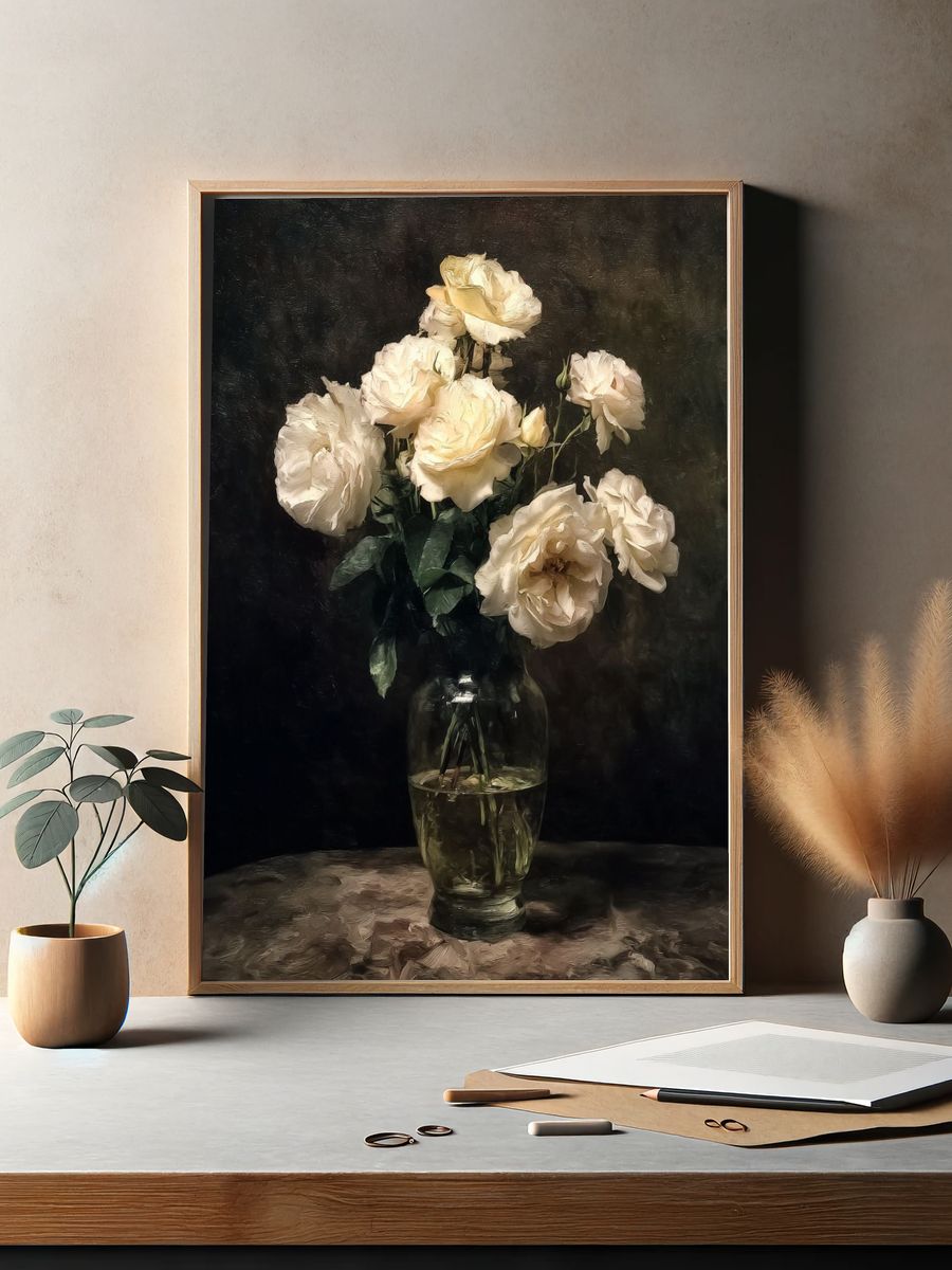 Cream Roses Still Life Poster. — room view 2