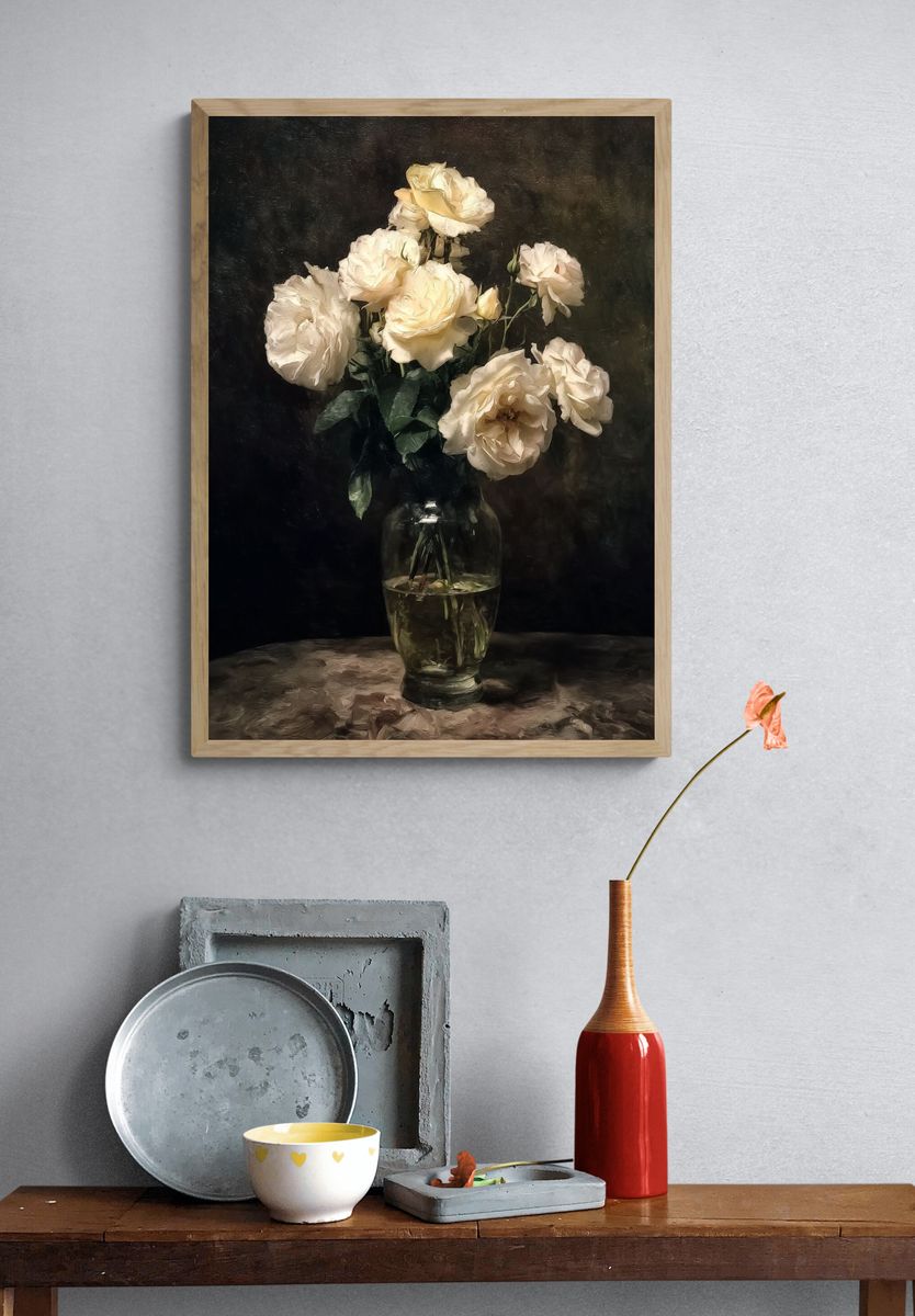 Cream Roses Still Life Poster. — room view 3