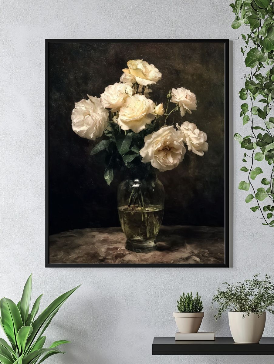 Cream Roses Still Life Poster. — room view 4