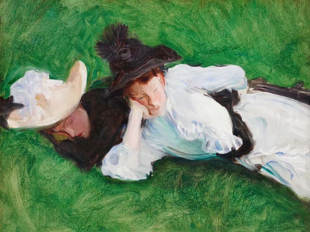 Two Women Lying on Grass — Fine Art Print. poster detail