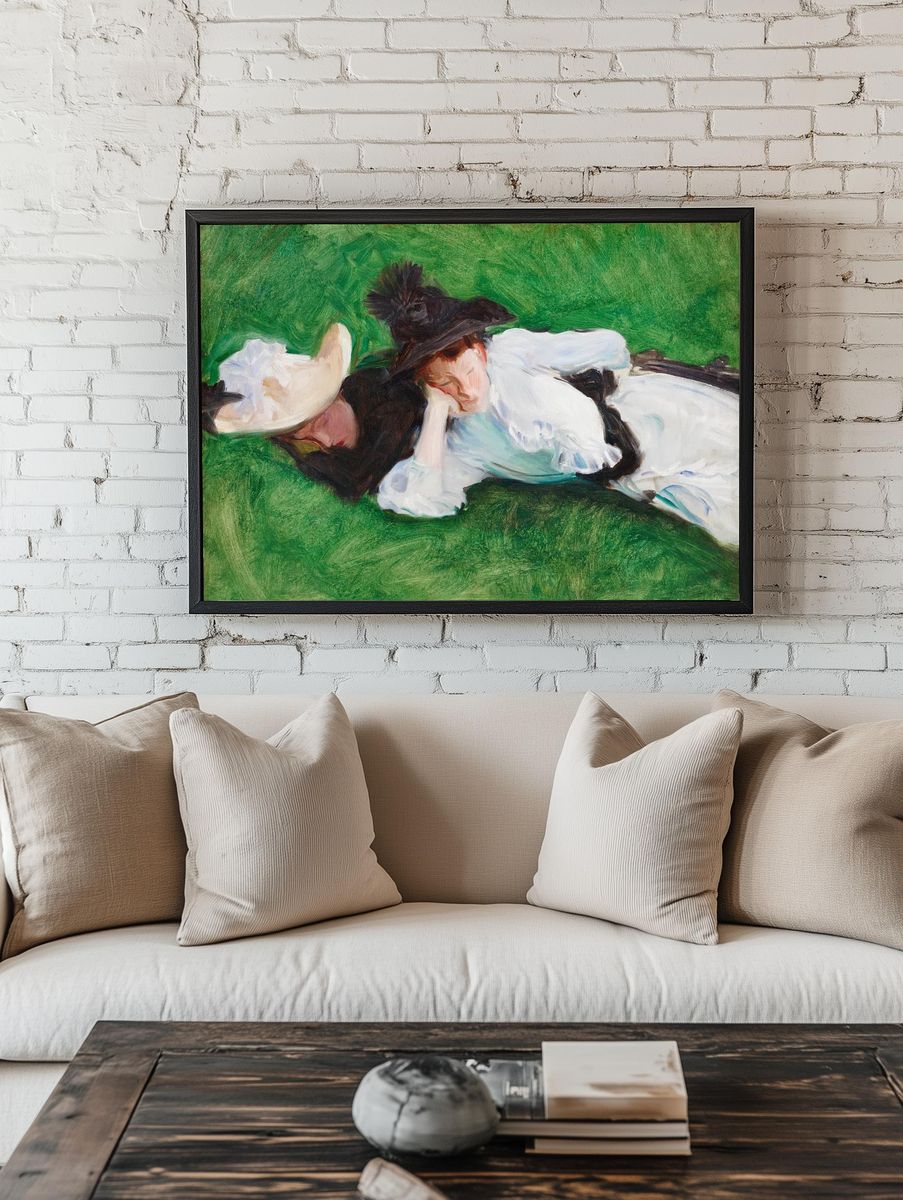 Two Women Lying on Grass — Fine Art Print. — room view 1