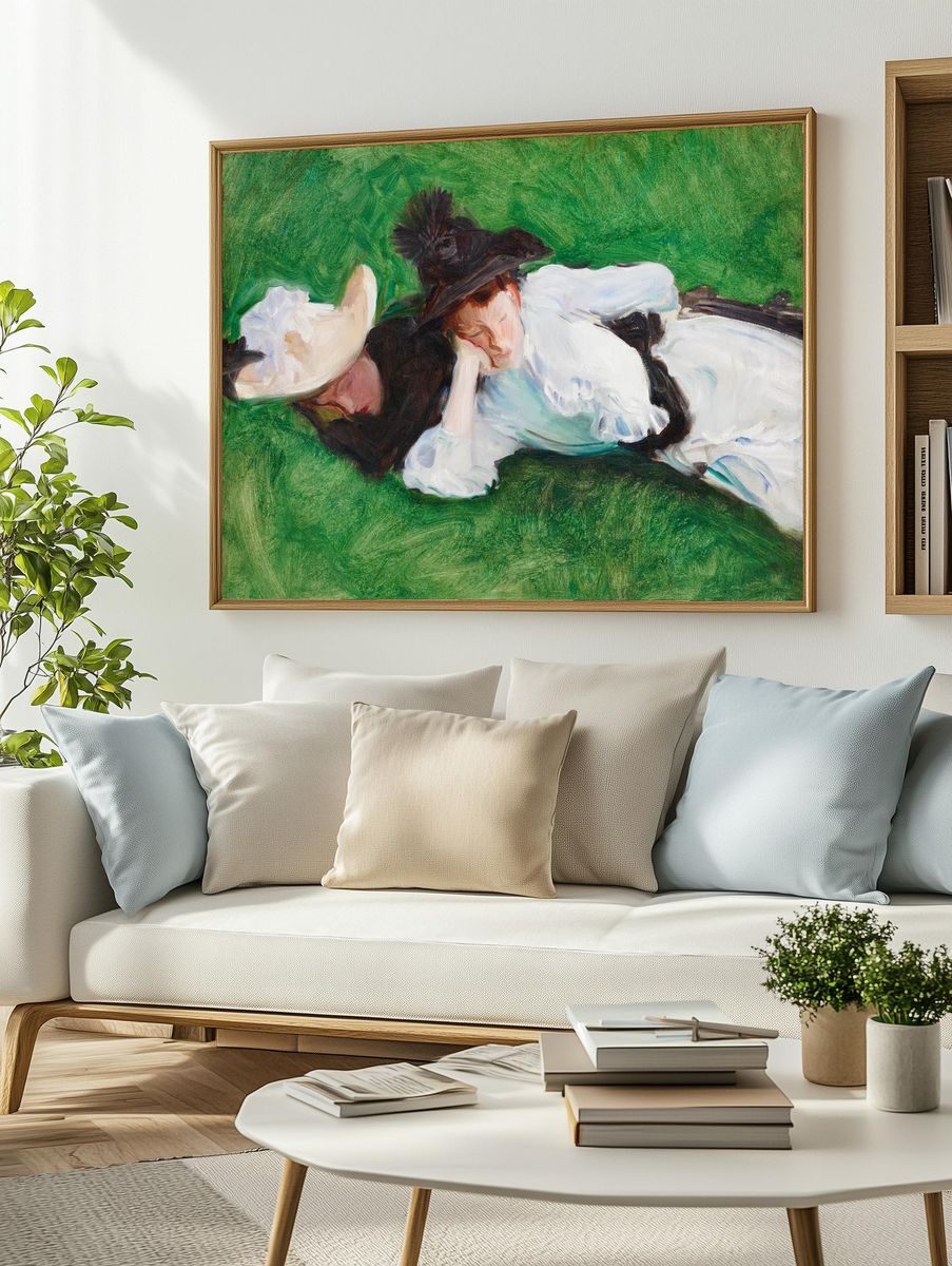 Two Women Lying on Grass — Fine Art Print. — room view 2