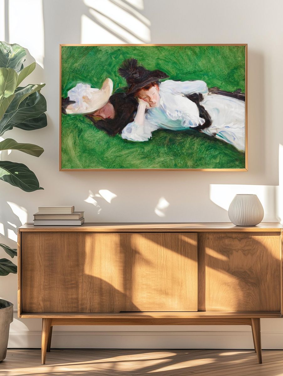 Two Women Lying on Grass — Fine Art Print. — room view 3