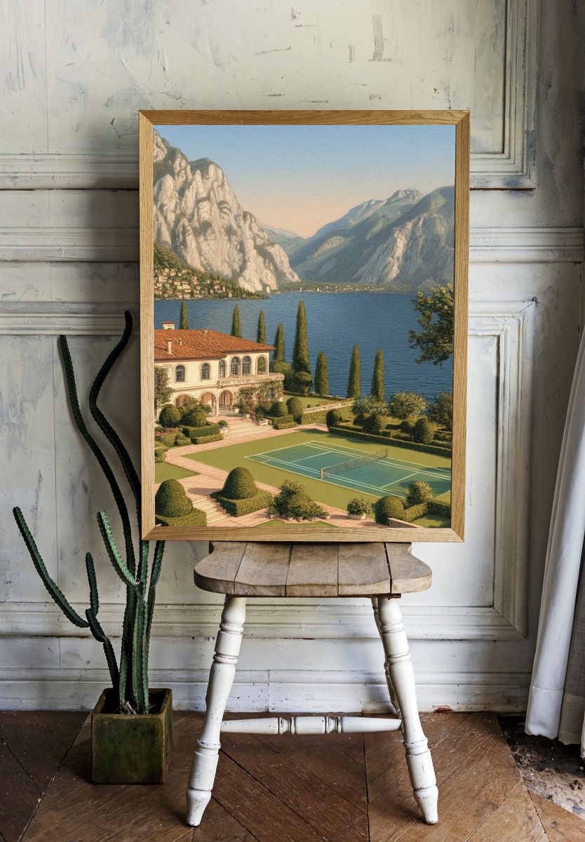 Lakeside Villa with Tennis Court — Fine Art Print. — room view 1