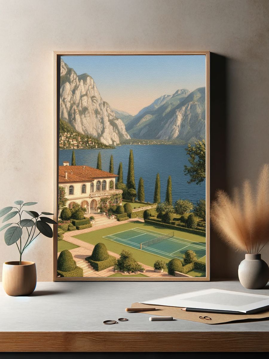 Lakeside Villa with Tennis Court — Fine Art Print. — room view 2
