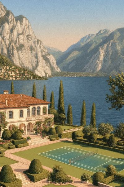 Lakeside Villa with Tennis Court — Fine Art Print. poster print