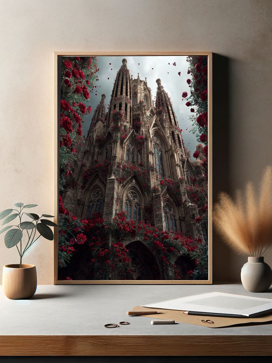 Gothic Cathedral with Roses — Fine Art Print. — room view 2