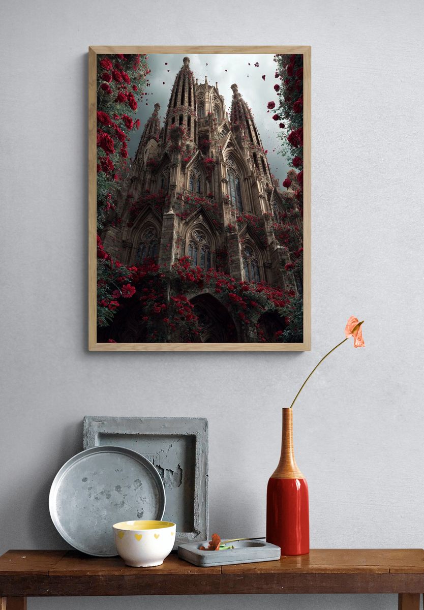 Gothic Cathedral with Roses — Fine Art Print. — room view 3