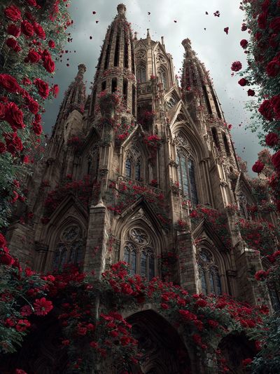 Gothic Cathedral with Roses — Fine Art Print. poster