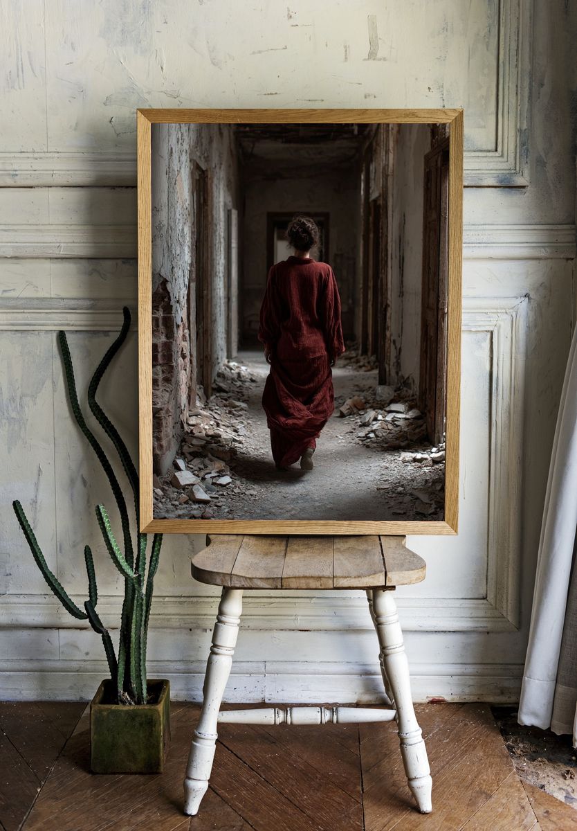 Woman in Abandoned Hallway — Fine Art Print. — room view 1