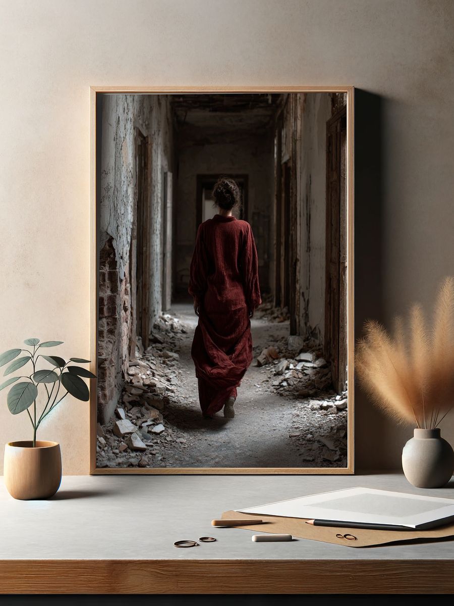 Woman in Abandoned Hallway — Fine Art Print. — room view 2
