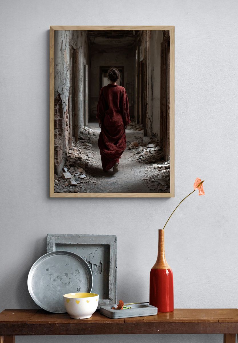 Woman in Abandoned Hallway — Fine Art Print. — room view 3