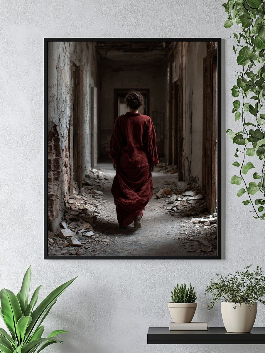 Woman in Abandoned Hallway — Fine Art Print. — room view 4