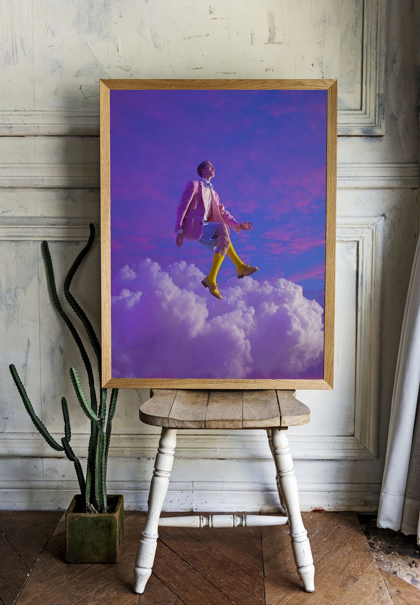 Surreal Fashion Model in Clouds — Art Print. — room view 1
