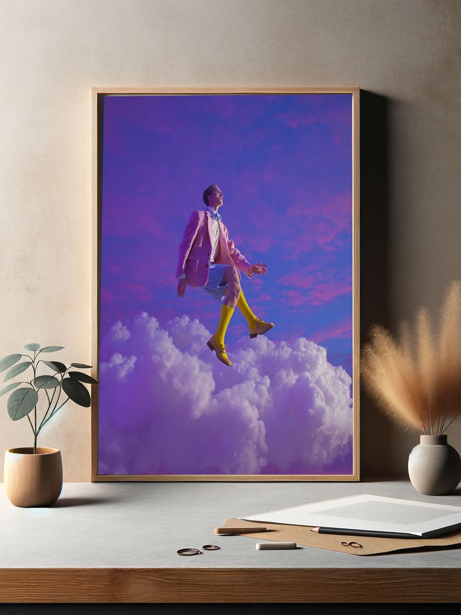 Surreal Fashion Model in Clouds — Art Print. — room view 2