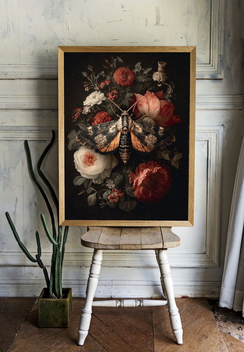 Moth and Floral Arrangement — Fine Art Print. — room view 1