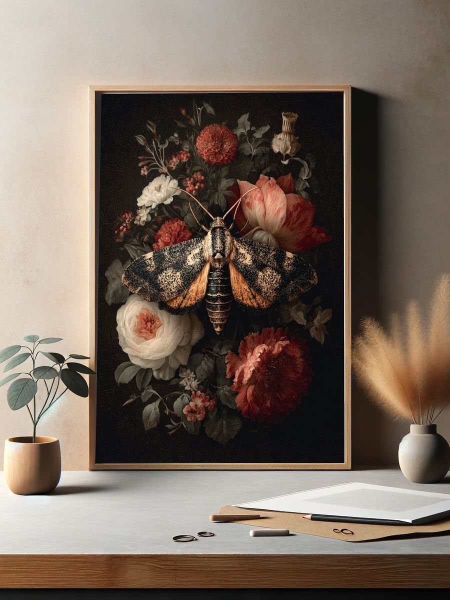 Moth and Floral Arrangement — Fine Art Print. — room view 2