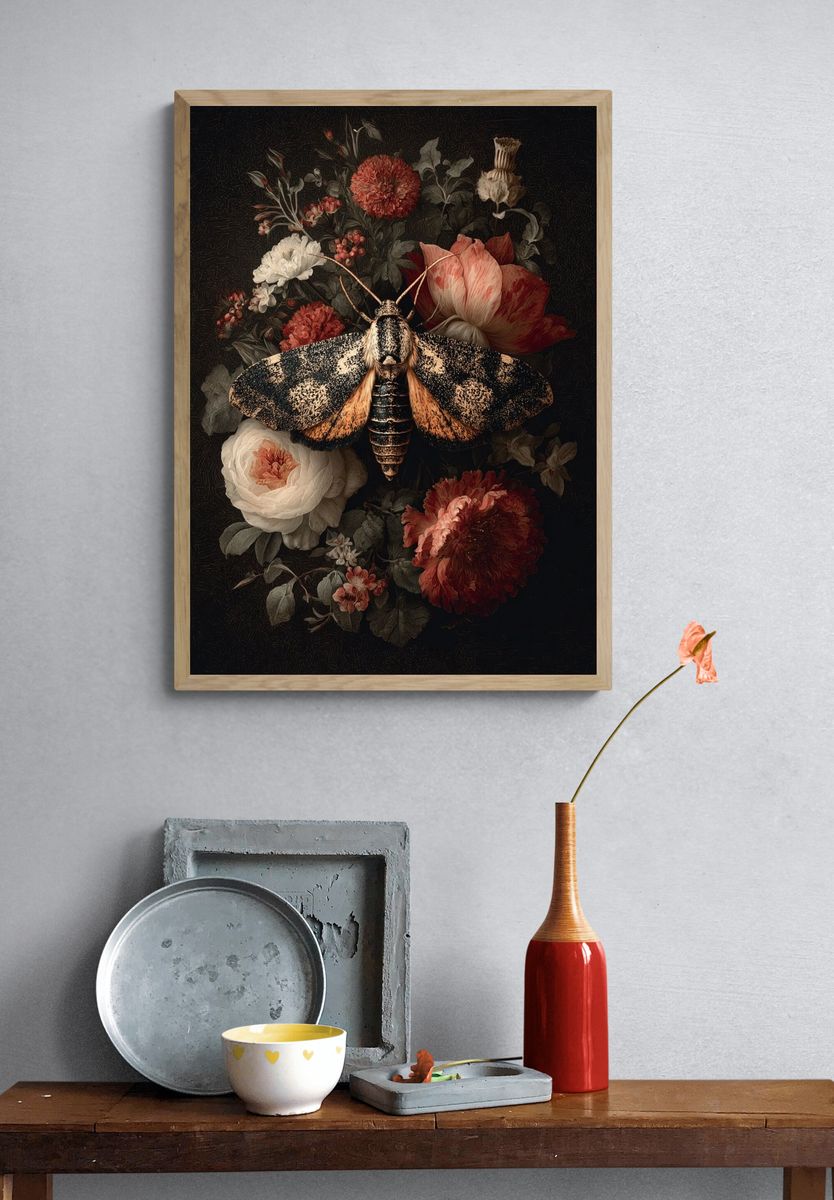 Moth and Floral Arrangement — Fine Art Print. — room view 3