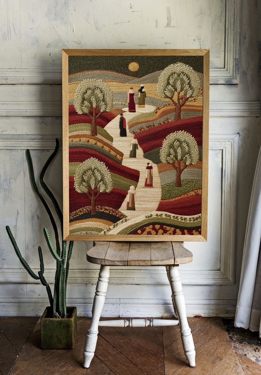 Embroidered Landscape Figures Print. — room view 1