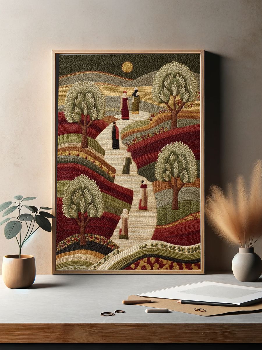 Embroidered Landscape Figures Print. — room view 2