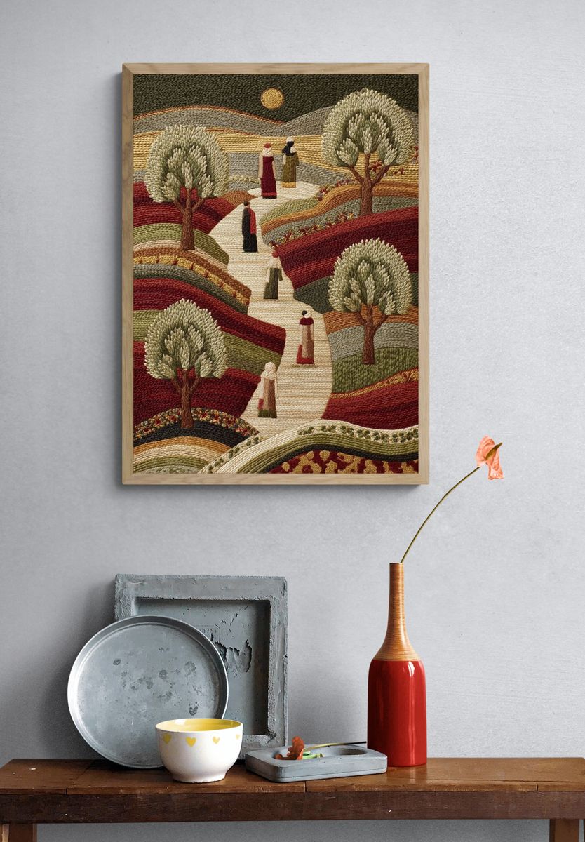 Embroidered Landscape Figures Print. — room view 3