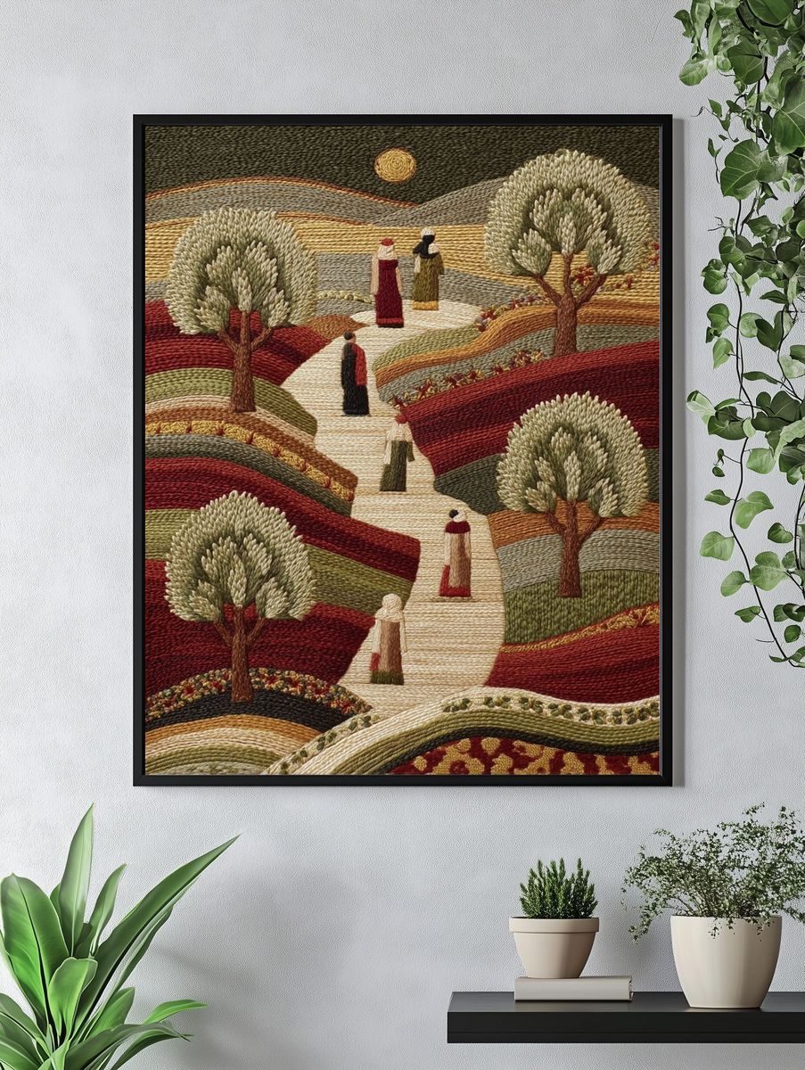 Embroidered Landscape Figures Print. — room view 4