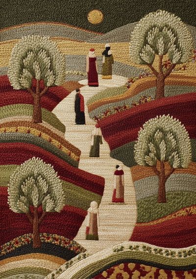Embroidered Landscape Figures Print. poster print