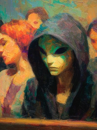 Masked Figures Surrealism Print. poster