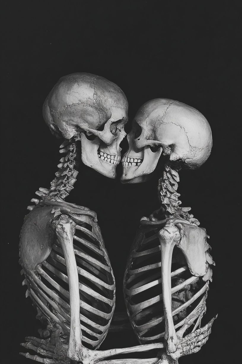 Skeleton Kiss Black-White Print. poster — fine-art art