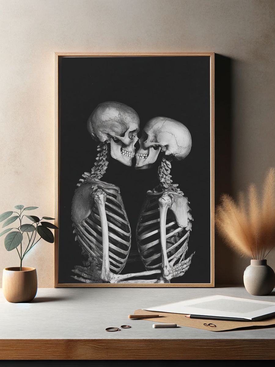 Skeleton Kiss Black-White Print. — room view 2
