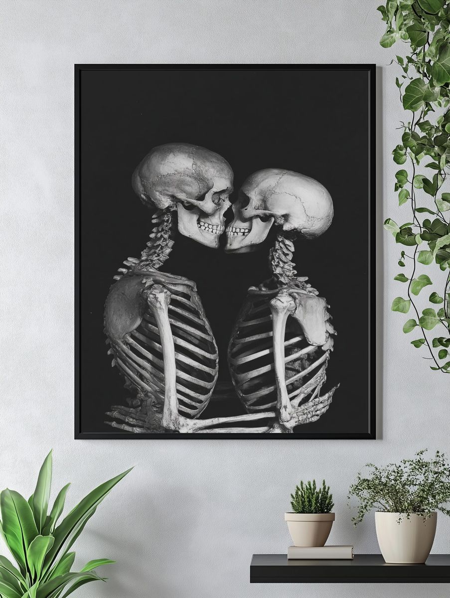 Skeleton Kiss Black-White Print. — room view 4