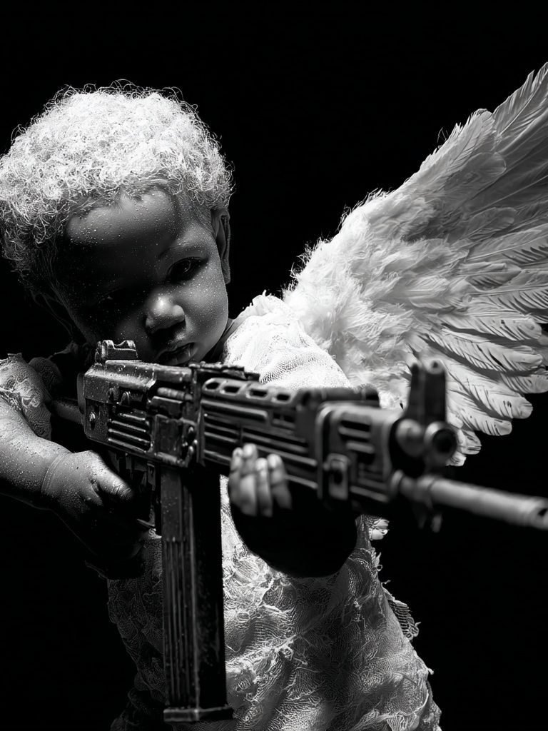 Angel Child with Rifle Black-White Print. poster — fine-art art