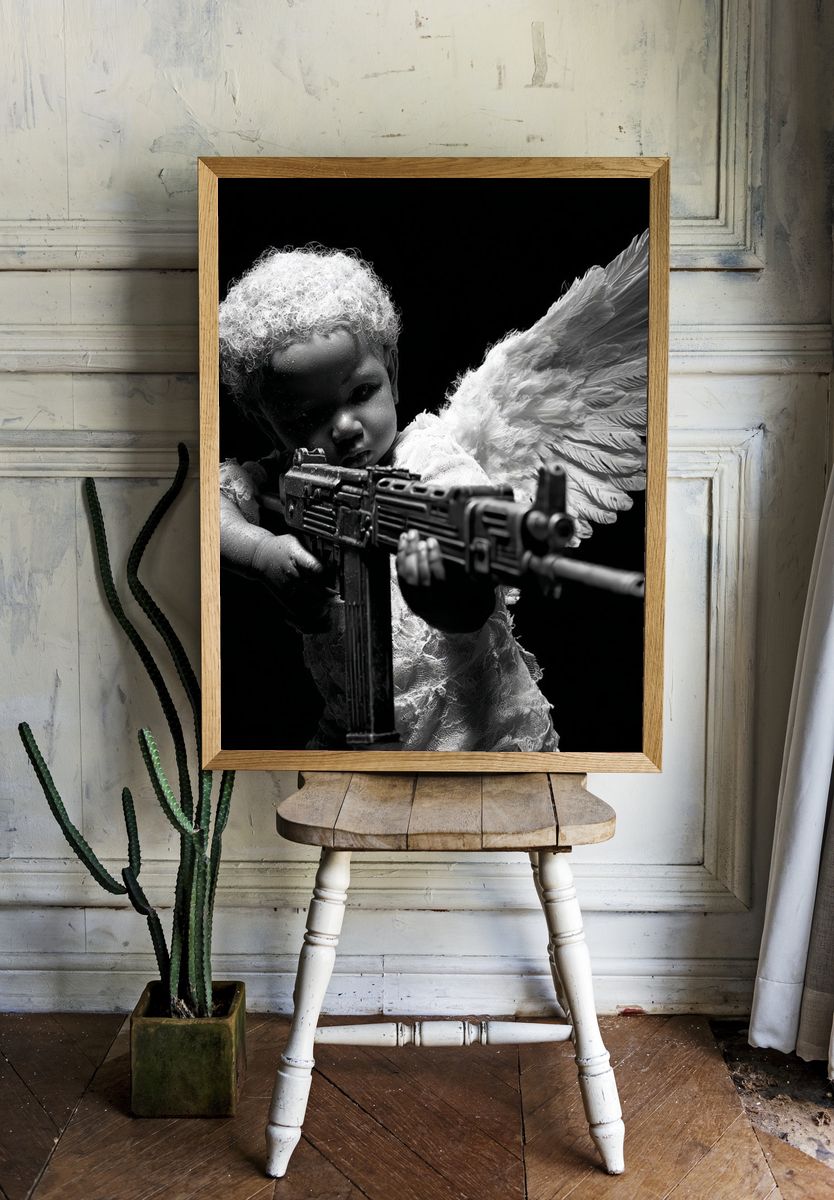 Angel Child with Rifle Black-White Print. — room view 1